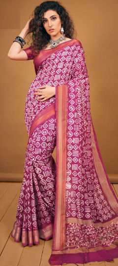 Pink and Majenta color Saree in Chanderi Silk fabric with Printed work