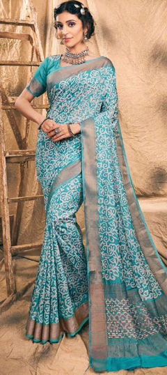 Blue color Saree in Chanderi Silk fabric with Printed work