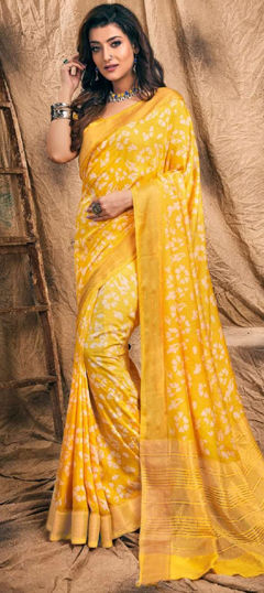 Traditional Yellow color Saree in Chanderi Silk fabric with South Printed work : 1966888