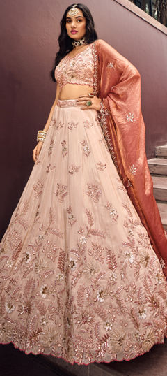 Bridal, Wedding Gold, Pink and Majenta color Lehenga in Rayon fabric with Flared Embroidered, Sequence, Thread work : 1966895