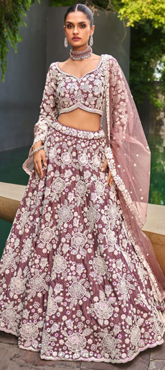 Bridal, Wedding Purple and Violet color Lehenga in Satin Silk fabric with Flared Embroidered, Sequence, Thread work : 1966896