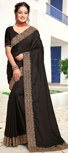 Festive, Mehendi Sangeet, Traditional Black and Grey color Saree in Art Silk fabric with South Embroidered, Swarovski, Thread, Zari work : 1966898