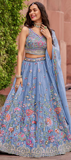 Bridal, Wedding Blue color Lehenga in Organza Silk fabric with Flared Embroidered, Mirror, Sequence, Thread work : 1966900