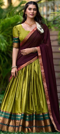 Green color Lehenga in Cotton fabric with Weaving, Zari work