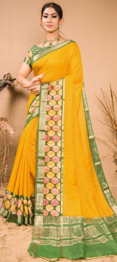 Yellow color Saree in Chanderi Silk fabric with Printed work