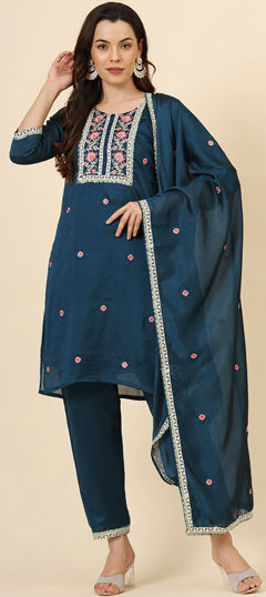 Blue color Salwar Kameez in Art Silk fabric with Embroidered work