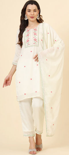 White and Off White color Salwar Kameez in Art Silk fabric with Embroidered work