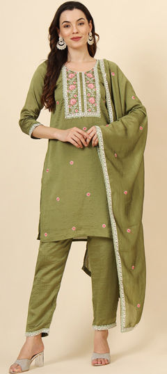 Green color Salwar Kameez in Art Silk fabric with Embroidered work