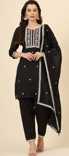 Black and Grey color Salwar Kameez in Art Silk fabric with Embroidered work