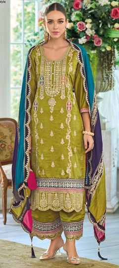 Green color Salwar Kameez in Art Silk fabric with Embroidered, Resham, Sequence work