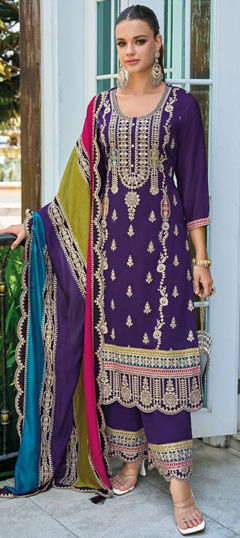 Purple and Violet color Salwar Kameez in Art Silk fabric with Embroidered, Resham, Sequence work