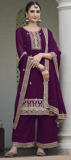 Purple and Violet color Salwar Kameez in Georgette fabric with Embroidered, Stone work