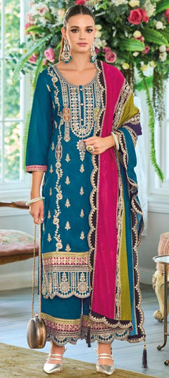 Blue color Salwar Kameez in Art Silk fabric with Embroidered, Resham, Sequence work