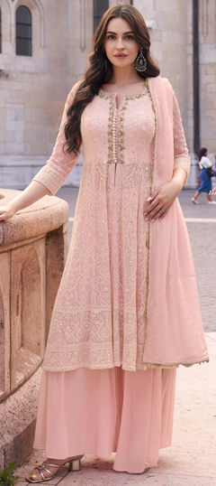 Mehendi Sangeet, Wedding Pink and Majenta color Salwar Kameez in Georgette fabric with A Line, Palazzo Embroidered, Thread work : 1967001