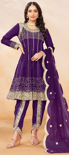 Festive, Party Wear, Wedding Purple and Violet color Salwar Kameez in Art Silk fabric with Anarkali, Dhoti, Long Sleeve Embroidered, Sequence work : 1967020