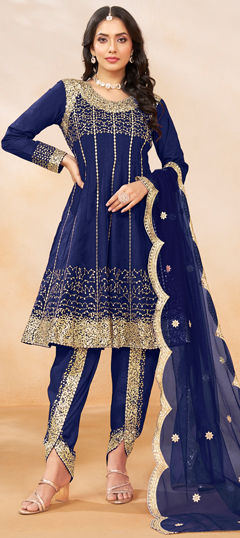 Festive, Party Wear, Wedding Blue color Salwar Kameez in Art Silk fabric with Anarkali, Dhoti, Long Sleeve Embroidered, Sequence work : 1967022