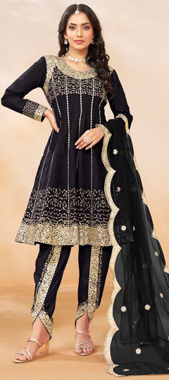 Festive, Party Wear, Wedding Black and Grey color Salwar Kameez in Art Silk fabric with Anarkali, Dhoti, Long Sleeve Embroidered, Sequence work : 1967024