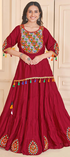 Red and Maroon color Long Lehenga Choli in Rayon fabric with Lace, Mirror, Patch work