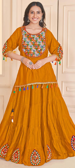 Yellow color Long Lehenga Choli in Rayon fabric with Lace, Mirror, Patch work