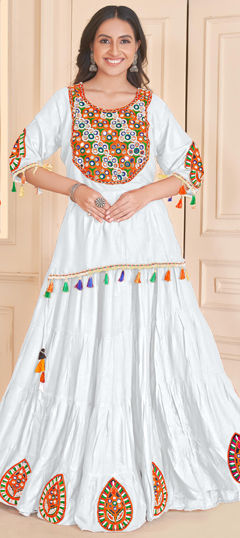 White and Off White color Long Lehenga Choli in Rayon fabric with Lace, Mirror, Patch work