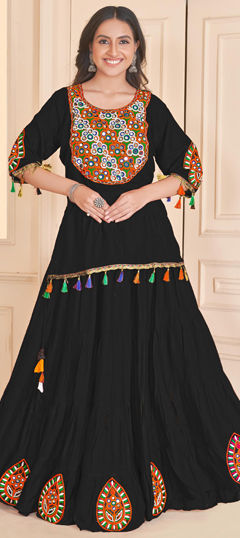 Black and Grey color Long Lehenga Choli in Rayon fabric with Lace, Mirror, Patch work