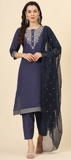 Blue color Salwar Kameez in Muslin fabric with Embroidered work