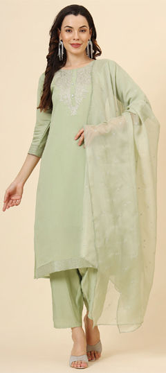 Green color Salwar Kameez in Muslin fabric with Embroidered work
