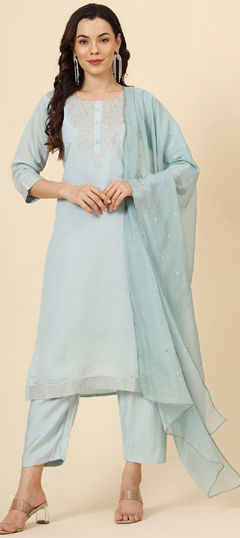 Blue color Salwar Kameez in Muslin fabric with Embroidered work