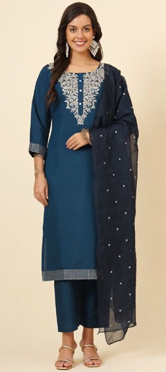 Blue color Salwar Kameez in Muslin fabric with Embroidered work