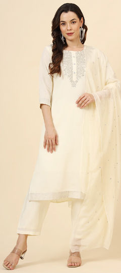 White and Off White color Salwar Kameez in Muslin fabric with Embroidered work