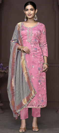 Pink and Majenta color Salwar Kameez in Jacquard fabric with Bugle Beads, Digital Print, Lace, Sequence work