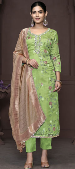 Green color Salwar Kameez in Jacquard fabric with Bugle Beads, Digital Print, Floral, Sequence work