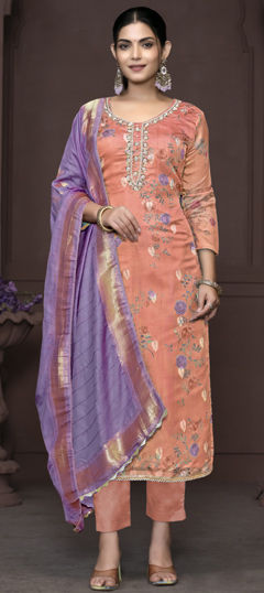 Pink and Majenta color Salwar Kameez in Jacquard fabric with Bugle Beads, Digital Print, Floral, Lace, Sequence work