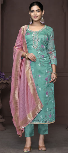 Green color Salwar Kameez in Jacquard fabric with Bugle Beads, Digital Print, Floral, Lace, Sequence work