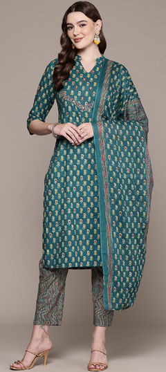 Blue color Salwar Kameez in Cotton fabric with Printed, Thread work