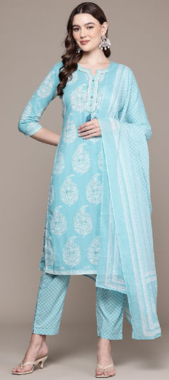 Blue color Salwar Kameez in Cotton fabric with Printed, Sequence, Thread work