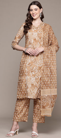 Beige and Brown color Salwar Kameez in Cotton fabric with Bugle Beads, Printed, Sequence work