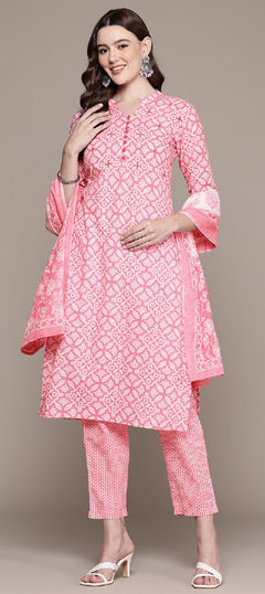 Pink and Majenta color Salwar Kameez in Cotton fabric with Printed, Sequence work