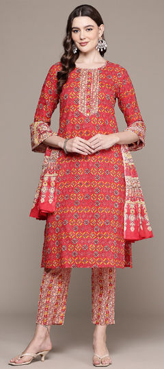 Red and Maroon color Salwar Kameez in Cotton fabric with Bugle Beads, Printed work