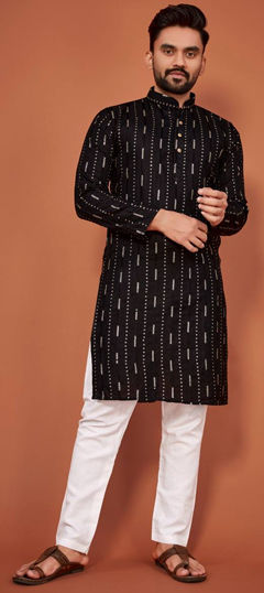 Black and Grey color Kurta Pyjamas in Cotton fabric with Sequence, Thread work