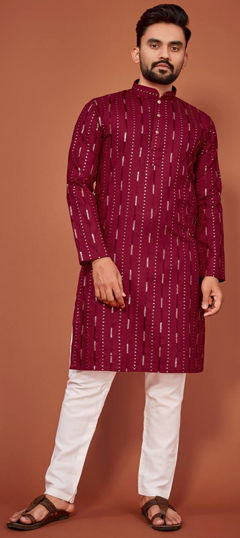 Red and Maroon color Kurta Pyjamas in Cotton fabric with Sequence, Thread work