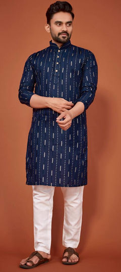 Blue color Kurta Pyjamas in Cotton fabric with Sequence, Thread work