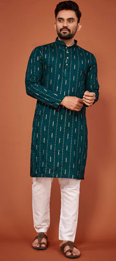 Blue color Kurta Pyjamas in Cotton fabric with Sequence, Thread work