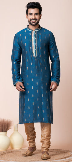 Blue color Kurta Pyjamas in Jacquard fabric with Thread, Weaving work