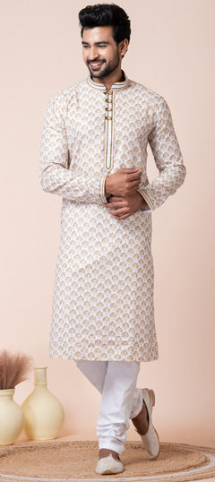 White and Off White color Kurta Pyjamas in Cotton fabric with Printed, Thread work