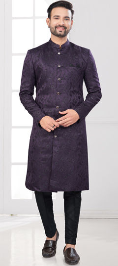 Purple and Violet color IndoWestern Dress in Jacquard, Viscose fabric with Weaving work