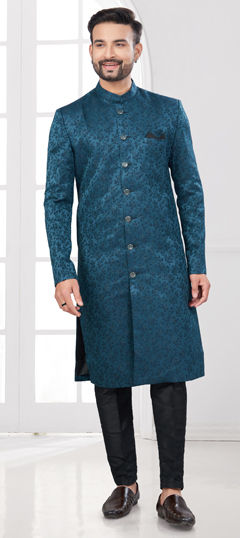 Blue color IndoWestern Dress in Jacquard, Viscose fabric with Weaving work