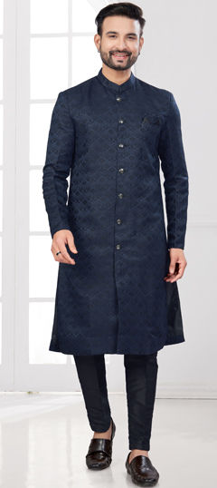 Blue color IndoWestern Dress in Jacquard, Viscose fabric with Weaving work