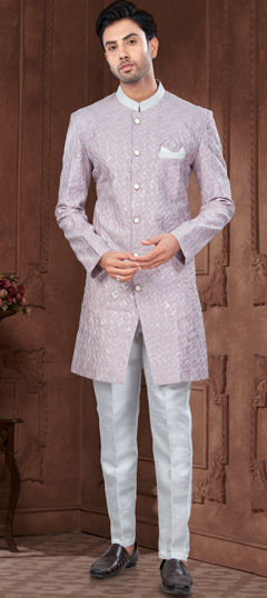 Purple and Violet color IndoWestern Dress in Silk fabric with Embroidered, Stone, Thread work