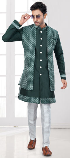 Green color IndoWestern Dress in Silk fabric with Embroidered, Thread work